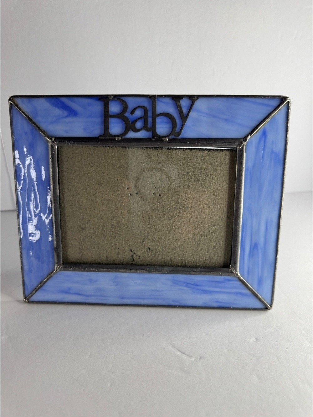 Baby Blue Stained Glass Picture Frame 7.5x6 Baby Spelled Out In Metal On Frame
